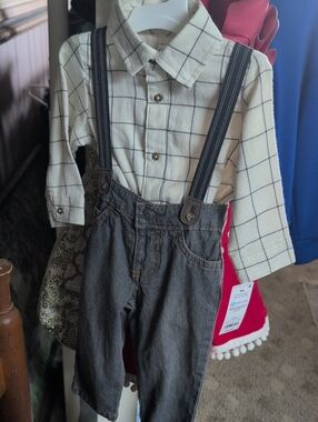 Carter's Ivory Plaid Shirt with Gray Suspender Overalls